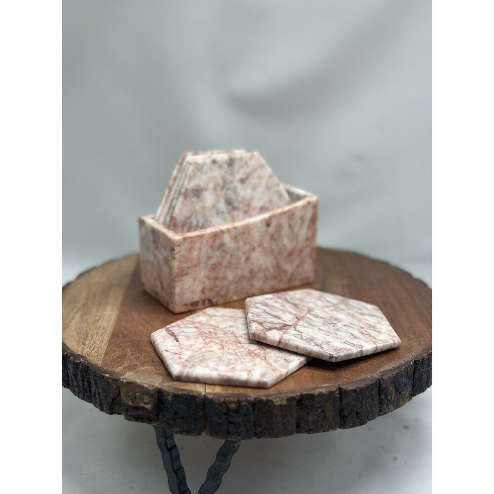 Natural Stone Pink Marble Alabaster Hexagon Coaster Set With Holder